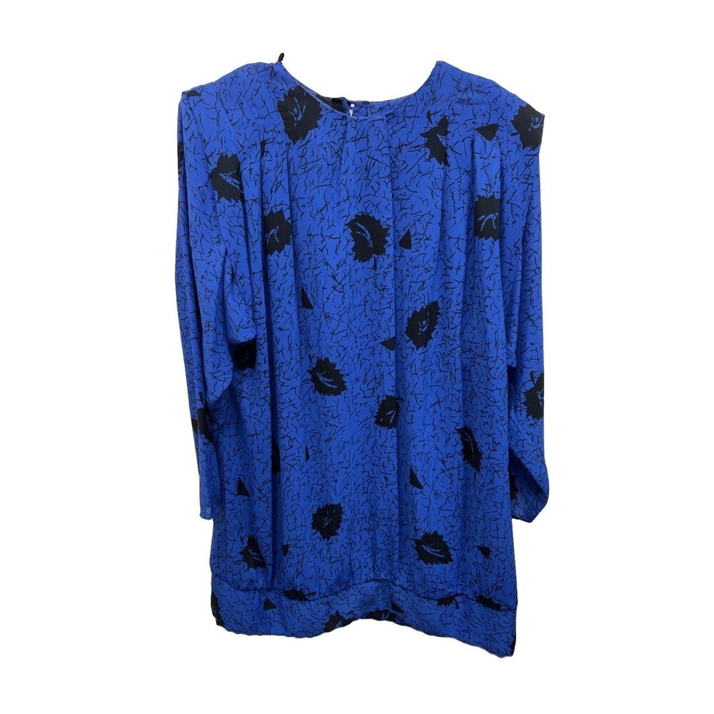 Jamie Blue Black Top Women 27X35” Leafs Retro Keyhole Buttons 4X Gather Waist
